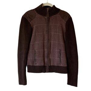 Ralph Lauren Jeans Houndstooth Tweed Sweater Jacket Medium Suede Trim, Academia